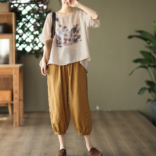 Summer New Vintage Ink Print Front Short Back Long Casual T-shirt ETYN
