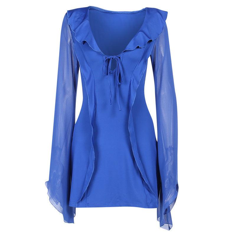 Ruffled V-Neck Lace-Up Long-Sleeve Y2K Slim Short Dress for Women