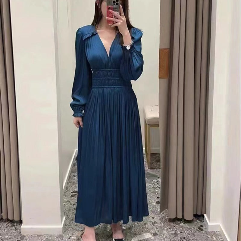 V-neck Waist-controlled Slimming Pleated Long Sleeve Dress