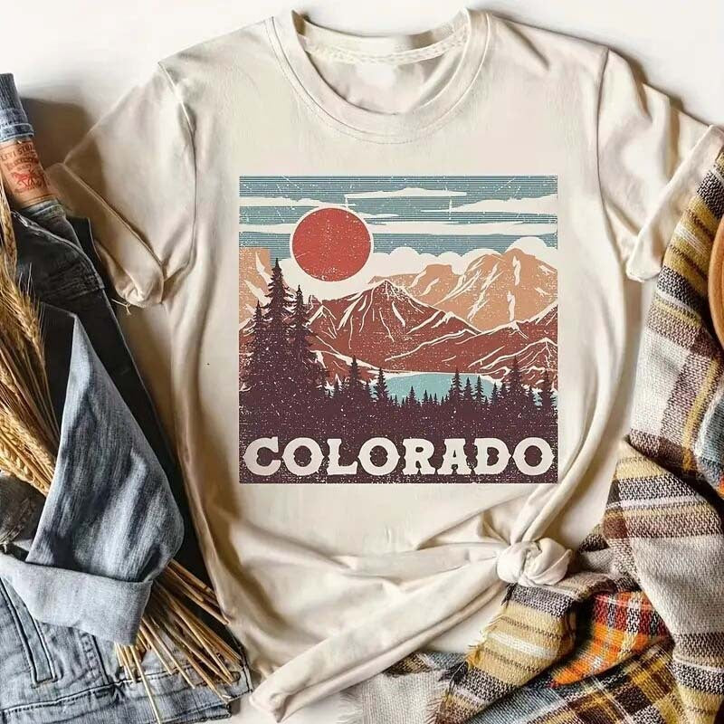 Women's Round Neck Short Sleeve T-Shirt - Sun Over Mountains & 'COLORADO' Print, Casual Summer Tee