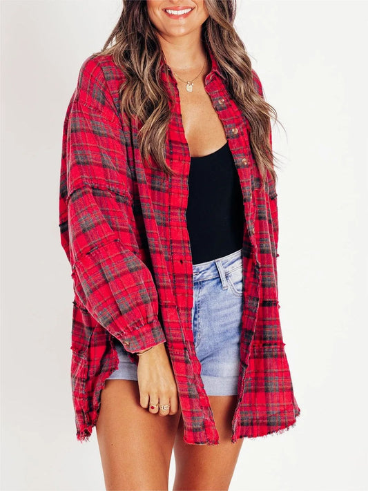 Autumn And Winter New Women's Tassel Long-sleeved Top Loose Casual Plaid Shirt Coat Women ETYN