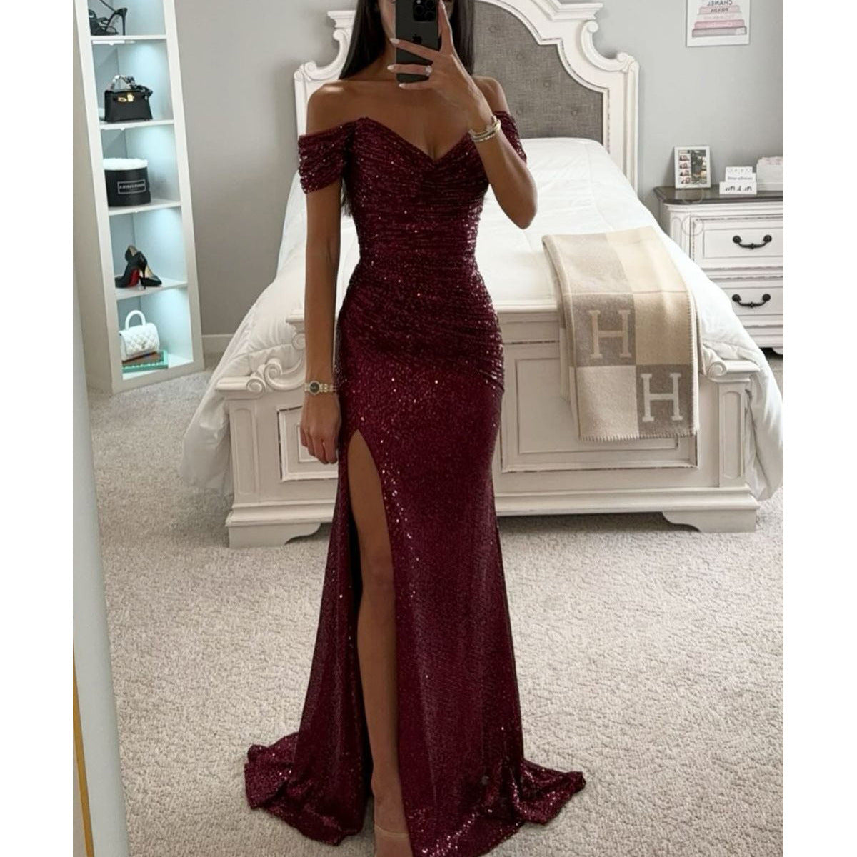 Party Sequins Off-neck Split Dress INS Casual Fashion Dress Women Charming Slimming Dress For Women Abib