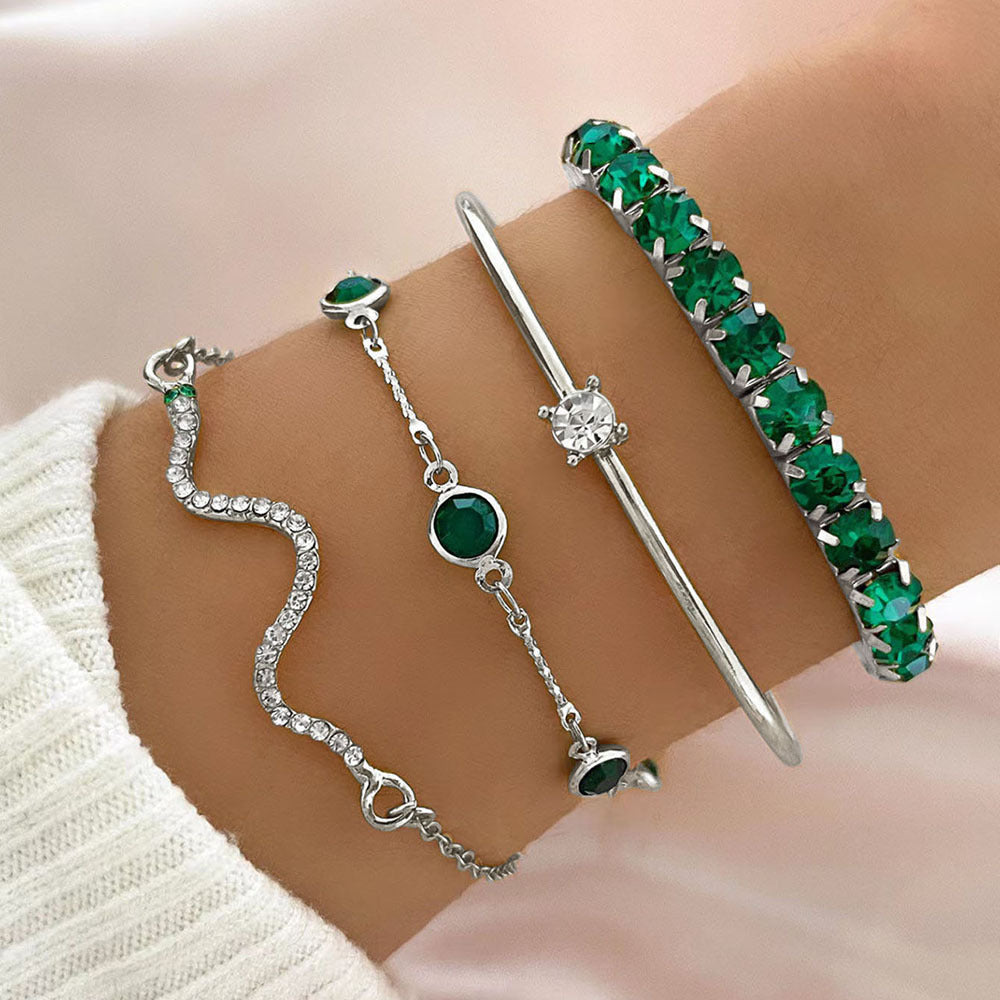 4pcs Bracelet Suit Fashion Green Grandmother Diamond Stretch Bracelet Women's Set myetyn