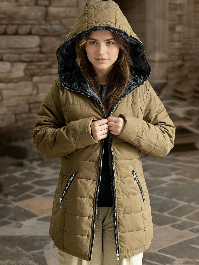 Ladies' Hooded Long-Sleeved Warm Cotton-Padded Jacket with Fleece