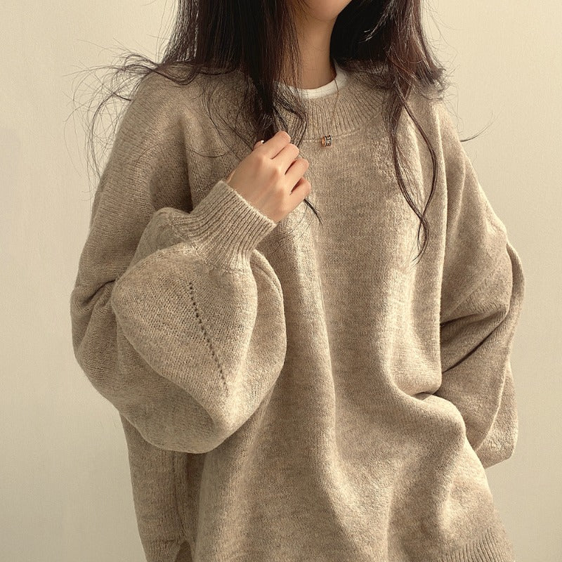 Crewneck Lantern Sleeve Oversized Wool Sweater for Women