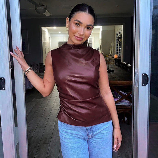 2024 New Leather Cascading Collar Personalized Waist Slant Sleeveless Top Women's Vest ETYN