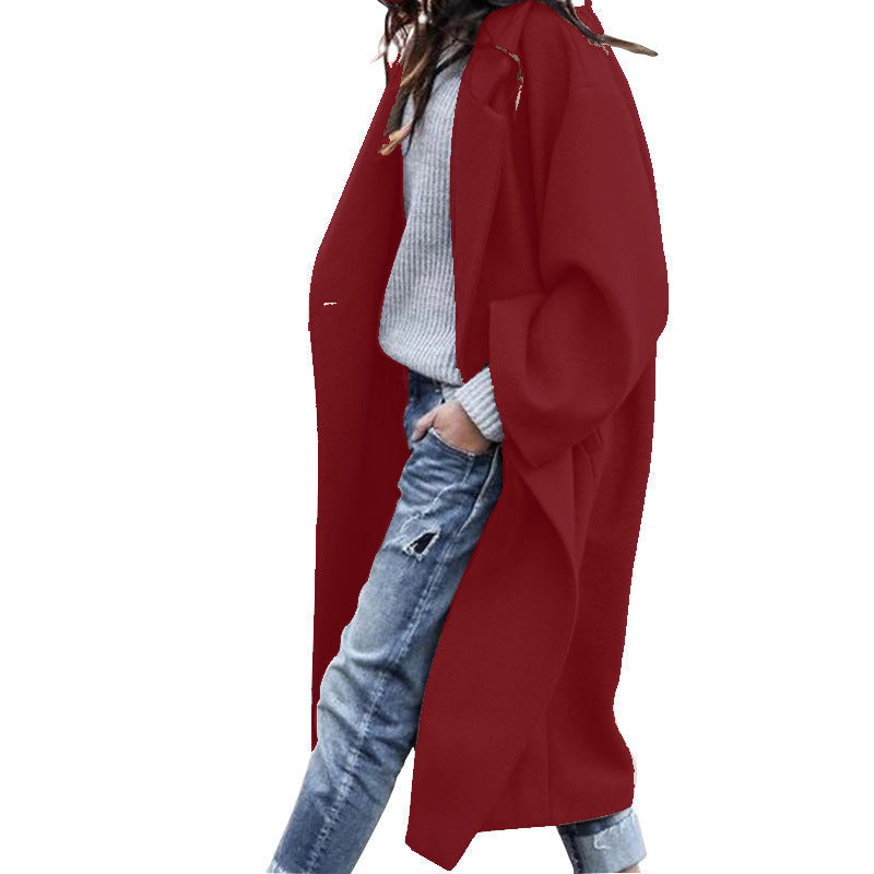 Casual Long Jacket With Pockets Solid Color Single Breasted Lapel Woolen Coat For Women Warm Winter Clothing ETYN