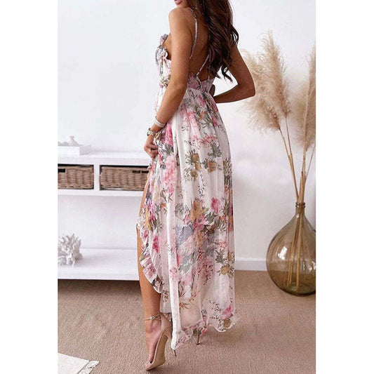Women's Spaghetti Strap V-Neck Floral Sundress Flowy Fairy Style Summer Dress ETYN