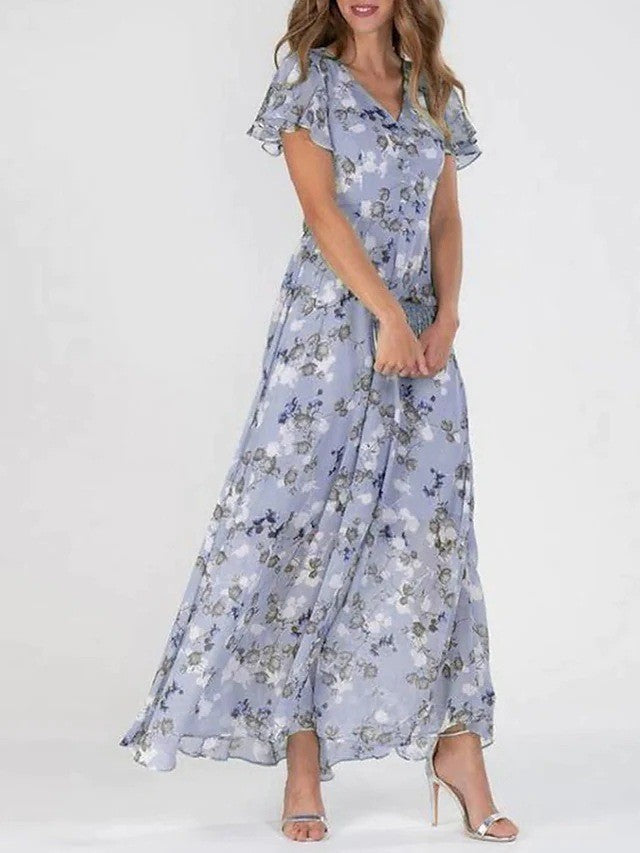 Flowers Print Short Sleeve Dress Summer Fashion Ruffle Beach Dresses Women's Clothing ETYN