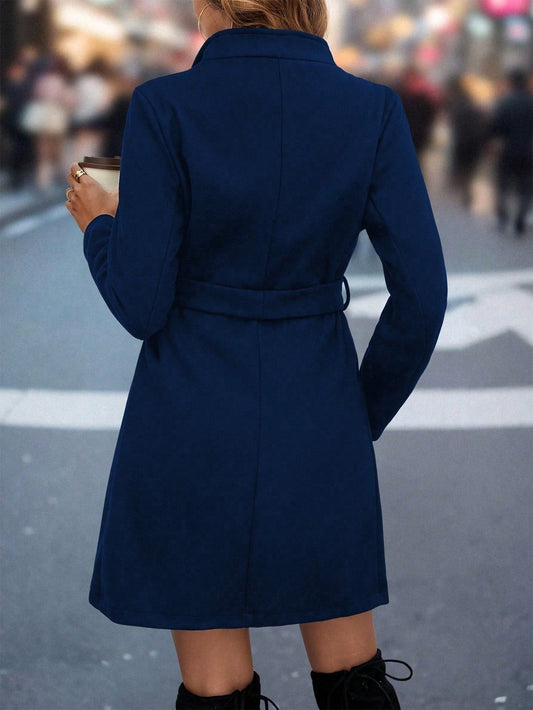Ladies' Mid-length Solid Color Belt Coat, Casual Commuting Elegant Versatile Autumn And Winter Outerwear, Stand Collar Single-button Long Sleeve Coat. ETYN