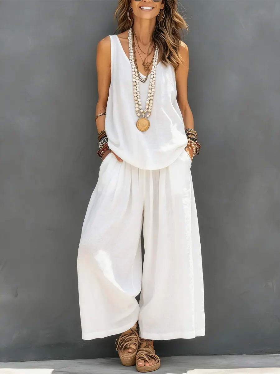 Women’s Cotton Linen Summer Co-Ord Set – Sleeveless Tank & Wide-Leg Pants (Breathable Casual Outfit)