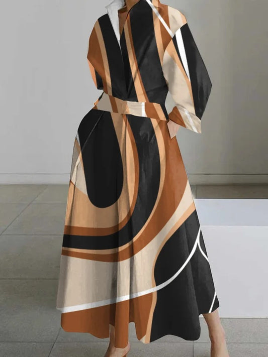 Long-Sleeve Elastic Waist Swing Maxi Dress Abib