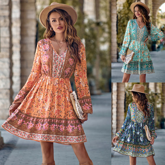 Printed V-neck Waist-controlled Long Sleeves Dress Women - myETYN
