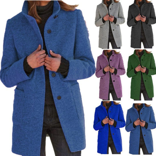 Fashion Stand Collar Woolen Coat With Pockets Fall Winter Casual Button Outwear For Women Clothing ETYN