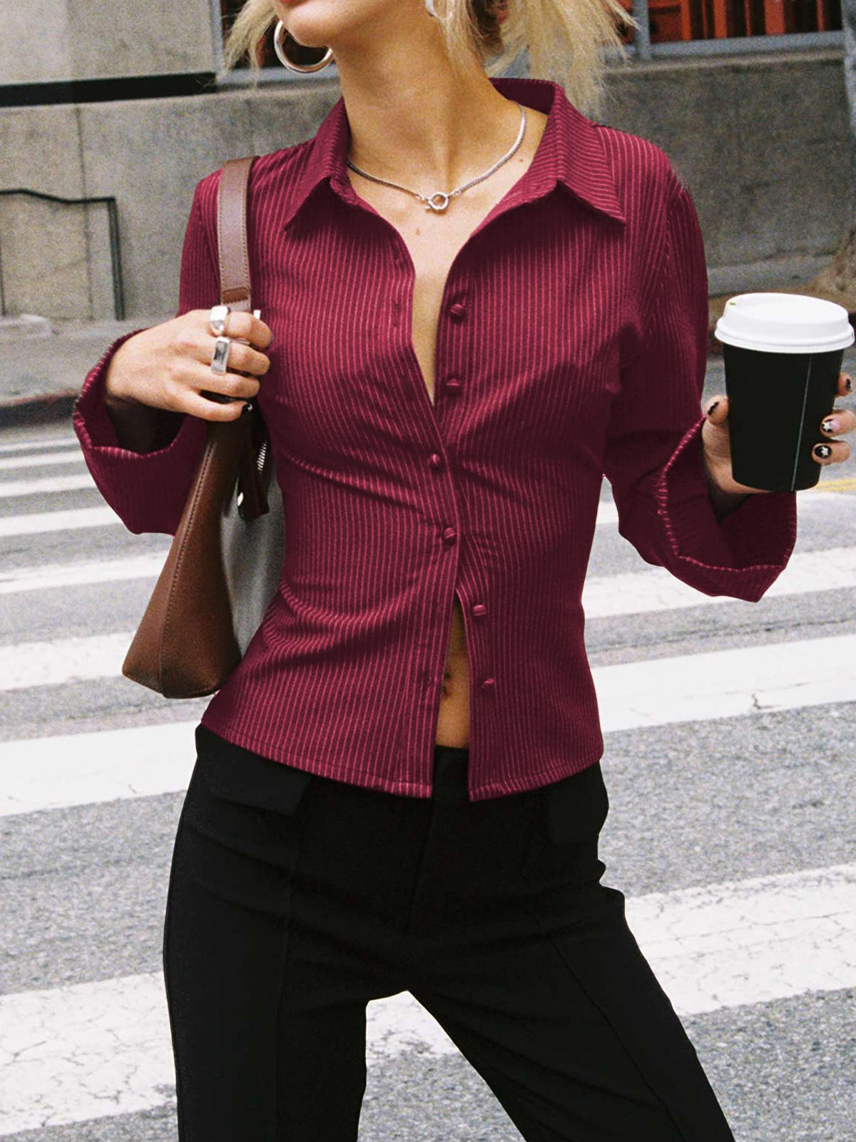 Lapel Breasted Cardigan Long Sleeve Shirt Slim Striped Top ETYN