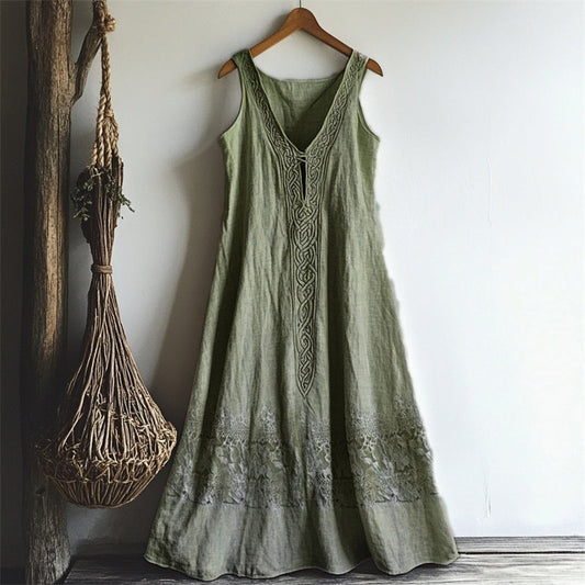 Women's Boho Rose-Embroidered Bamboo Linen Maxi Dress myetyn