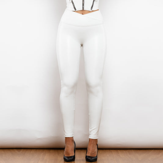 Shascullfites Melody X Cross Solid White High Waist Leather V Shape Leggings Leather Pants X Cross Pants Leather Leggings - myETYN