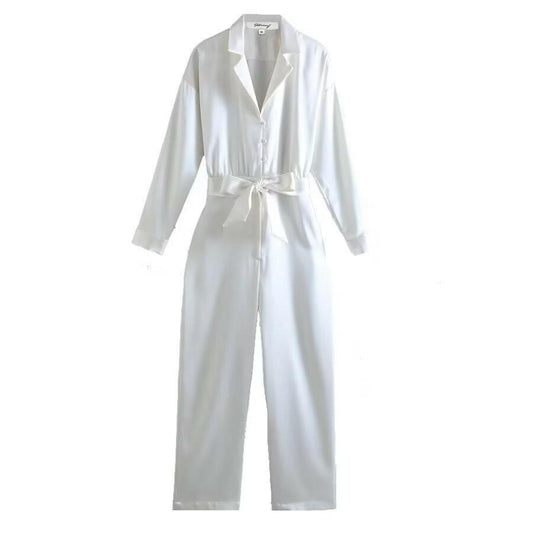 Women Clothing Office Collared Loose with Belt Silk Satin Texture Long Jumpsuit Starivy