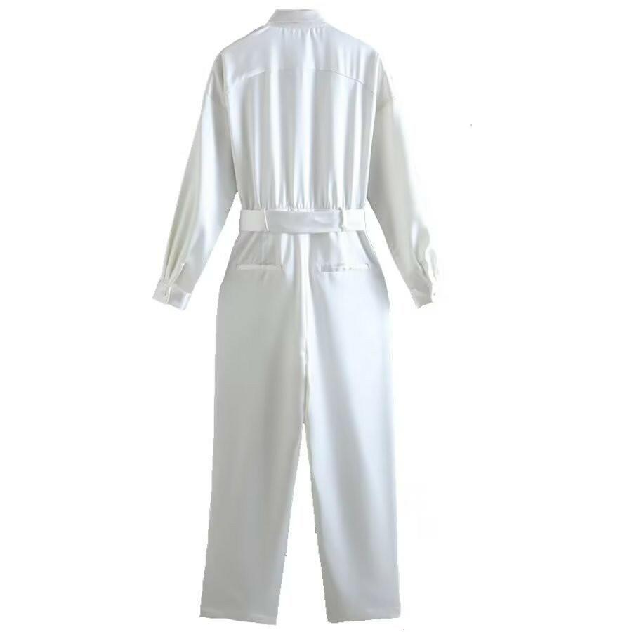 Women Clothing Office Collared Loose with Belt Silk Satin Texture Long Jumpsuit Starivy