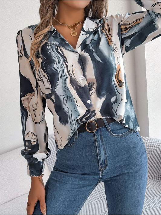 Autumn Winter Casual Contrast Color Striped Collar Long Sleeve Shirt Women Clothing - myETYN