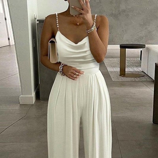 Pearl Suspender Wide Leg Sleeveless V-neck Backless Trousers Jumpsuit FLYSMART