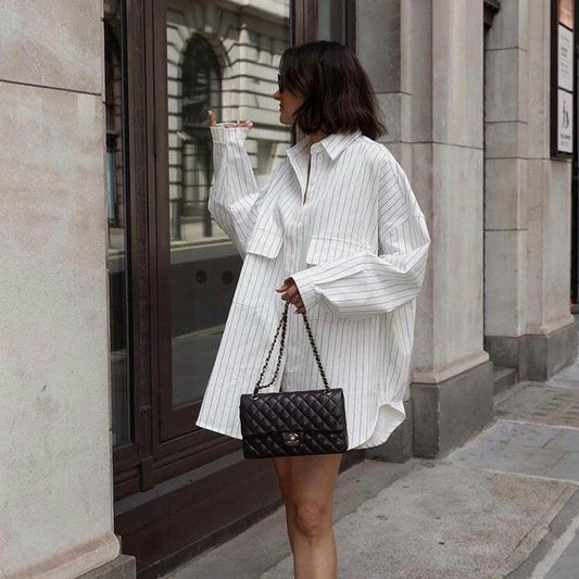 Fall Lapels Long Sleeve Striped Shacket Loose Casual Shirt for Women - myETYN