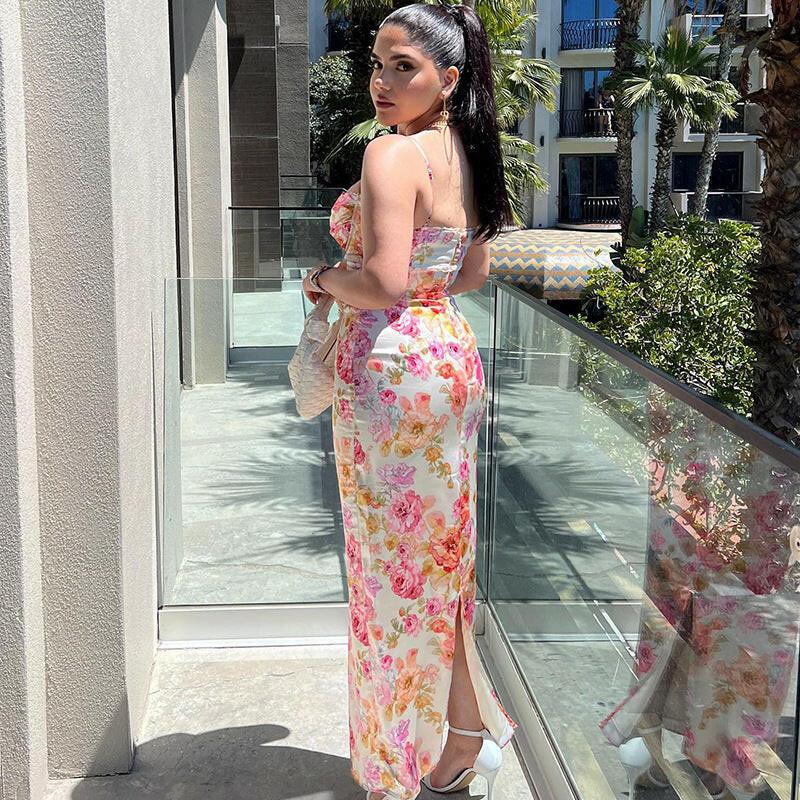 Retro Printing Slip Dress Women Sexy Backless Collar Waist Slimming Maxi Dress