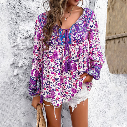 Women Clothing Spring Summer Casual Holiday Floral Print Long Sleeve Shirt - myETYN