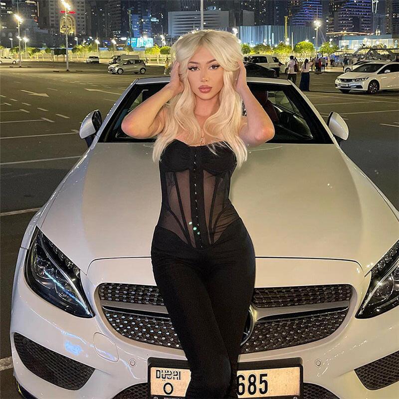 Spring Women Clothes Suspenders Sexy Low Cut See Through Slim Slimming Jumpsuit YIMAIL