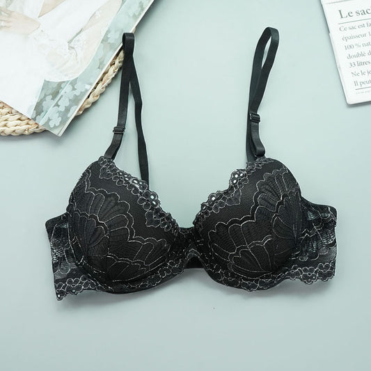 Lace Women Gathering Bra Fashionable Comfortable Three Row Bra With Steel Ring Underwear Big Chest Show Small Thin - myETYN