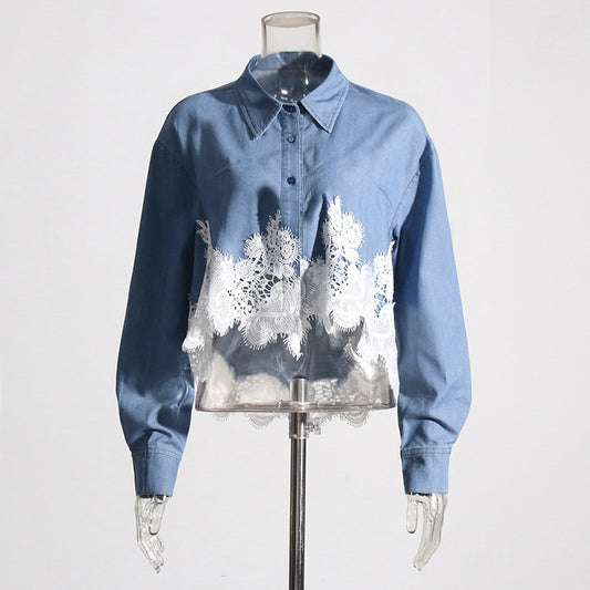 Autumn Polo Collar Long Sleeve Niche Design Stitching Lace Loose Short Shirt Women Clothing - myETYN