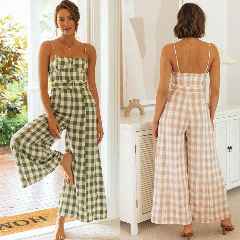 Spring Summer Women Plaid Suspender Jumpsuit