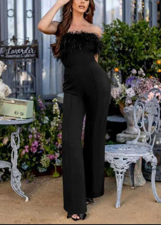 Spring Summer Women Clothing Sexy Deep V Plunge Feather Jumpsuit Casual Trousers RMAI