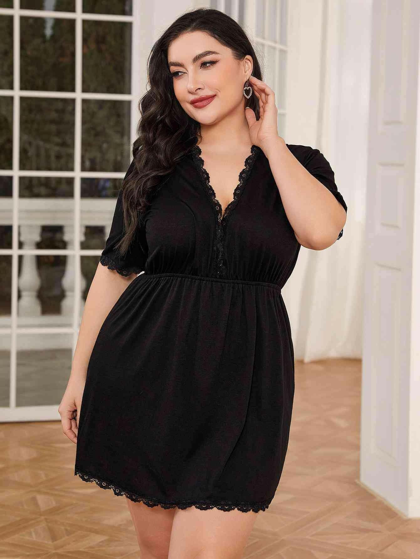 Plus Size Lace Trim Deep V Night Dress - myETYN