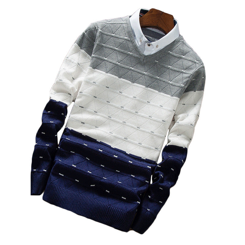 Men's Knitted Sweater Fake Two-piece Shirt Collar Sweater Men - myETYN