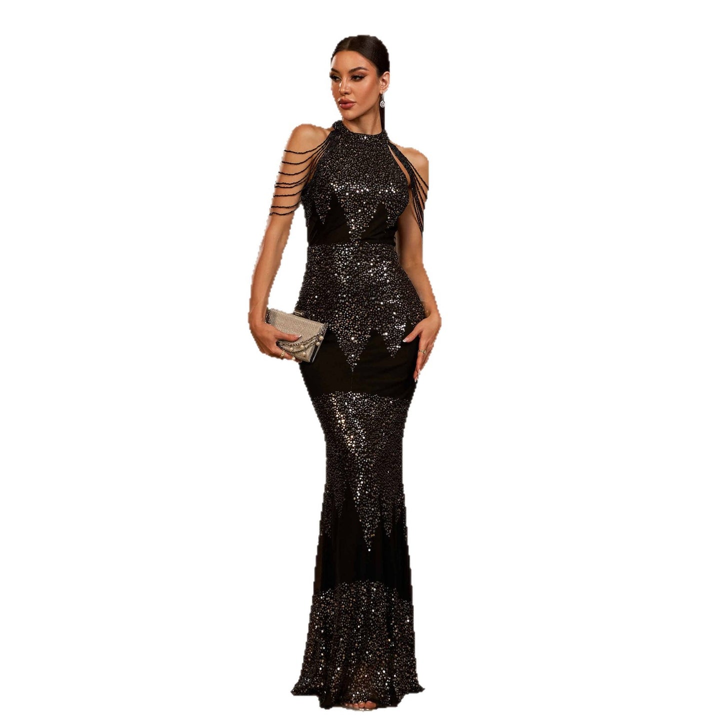 Halter Sequin Slim-Fit Evening Dress – Long Black Sleeveless Gown