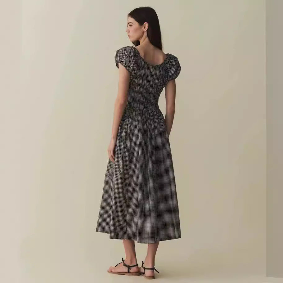 Women's Black Plaid Cotton Puff Sleeve Waist-controlled Large Hem Lace-up Dress