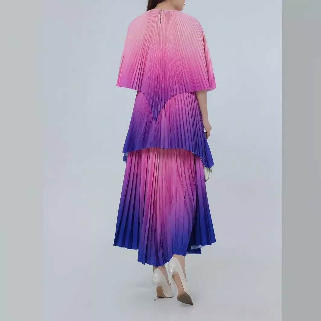 Gradient Color Temperament Printed Cape Top Pleated Loose