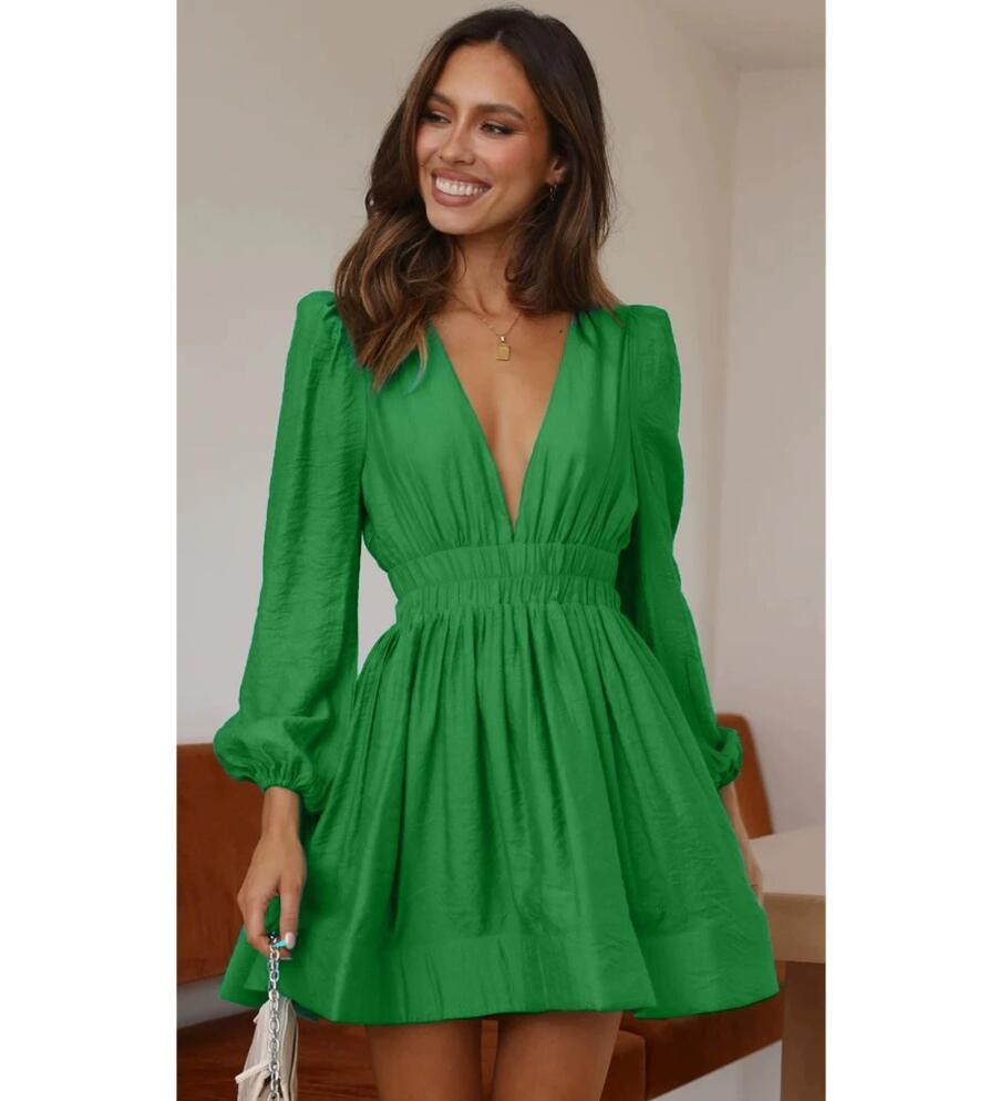 Slim Deep V Waist Pleated Skirt Hem Long Sleeve Dress