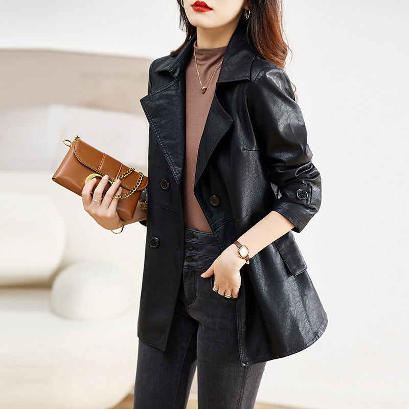 Women’s Mid-Length Sheepskin Leather Coat – Elegant Spring & Autumn Outerwear