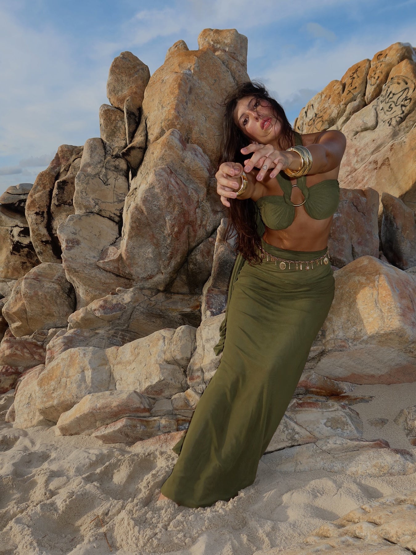 Olive Green Strappy Cropped Top & Hip-hugging Skirt Set