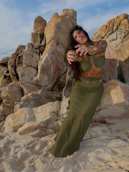 Olive Green Strappy Cropped Top & Hip-hugging Skirt Set