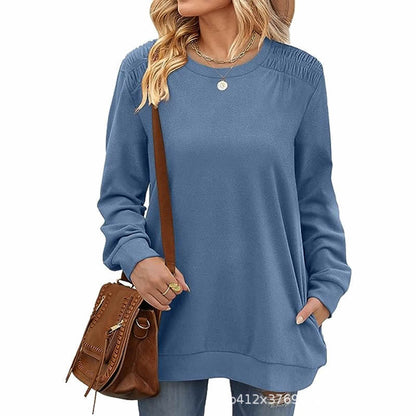 Fashion Long Sleeve Pullover Sweatshirt With Pockets Casual Loose Solid Color Top Womens Clothing