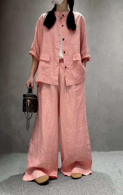 Women's Linen Co-Ord Set | Half Sleeve Shirt & Wide-Leg Pants