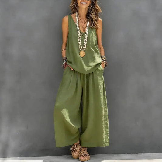 Women’s Cotton Linen Summer Co-Ord Set – Sleeveless Tank & Wide-Leg Pants (Breathable Casual Outfit) Abib