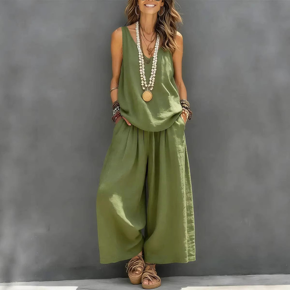 Women’s Cotton Linen Summer Co-Ord Set – Sleeveless Tank & Wide-Leg Pants (Breathable Casual Outfit)