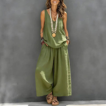 Women’s Cotton Linen Summer Co-Ord Set – Sleeveless Tank & Wide-Leg Pants (Breathable Casual Outfit)