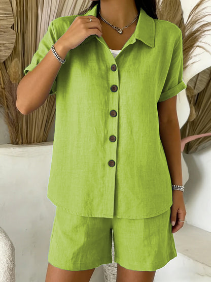 Casual Cotton-Linen Button-Up Shirt & Shorts Set – Breathable Summer Co-Ord for Women