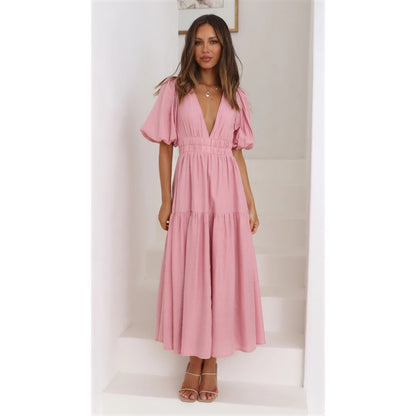 V-neck Waist-tight Mid-length Dress