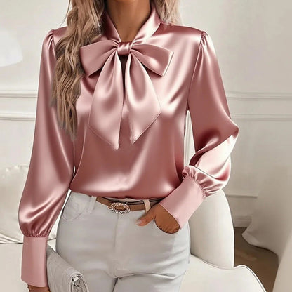Women’s Elegant Satin Bow Blouse – Long Sleeve Casual Shirt for Spring & Fall